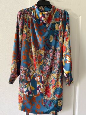 Fate Teal Floral Patchwork Mock Neck Belted Mini Dress Boho Long Sleeve Size S